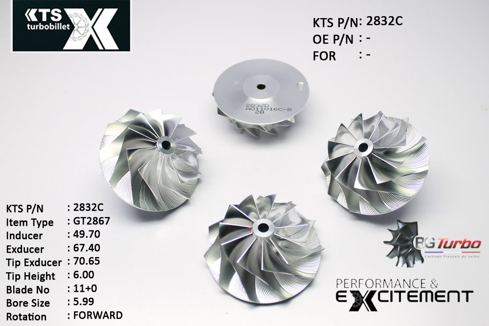 Turbo ROUE FORGÉE MFS PERFORMANCE - 11+0 PALES - INDUCER : 49,7 - EXDUCER : 67,4 - TYPE : GT2867ANGLE : 45° - ROTATION : Forward - SUPER BACK : 2,32 - BORE SIZE : 5,99
